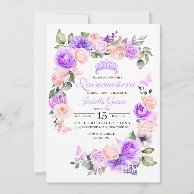 Pink & Purple Floral Quinceanera Birthday Invitation (Front)