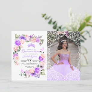 Pink & Purple Floral Quinceanera Birthday Photo Invitation