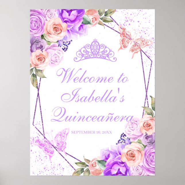 Pink & Purple Floral Quinceanera Welcome Sign (Front)