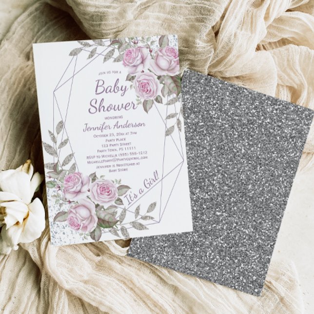 Pink Purple Floral Silver Glitter Girl Baby Shower Invitation (Creator Uploaded)