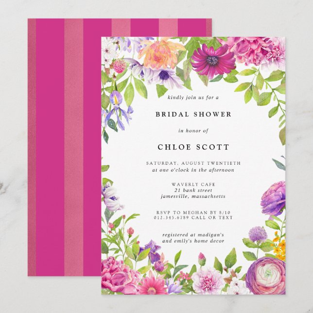 Pink Purple Floral Summer Bridal Shower Invitation (Front/Back)