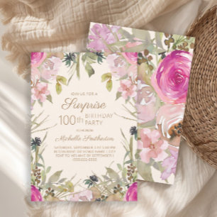 Pink Purple Floral Surprise 100th Birthday  Invitation