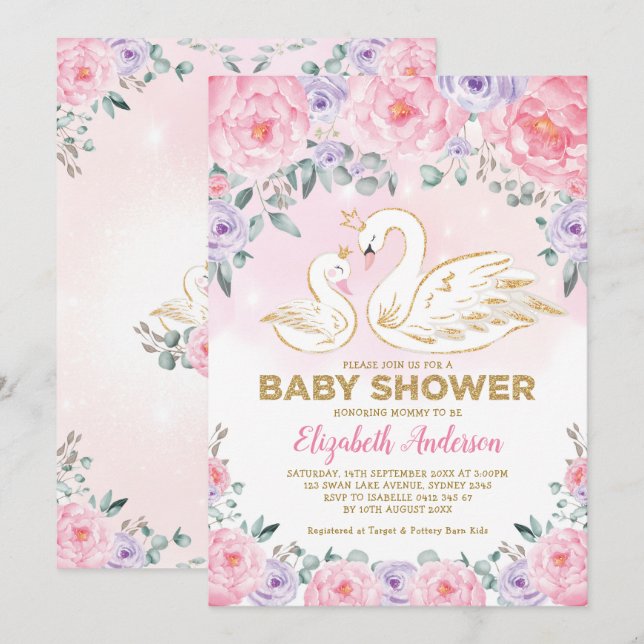 Pink Purple Floral Swan Princess Baby Shower Invitation (Front/Back)