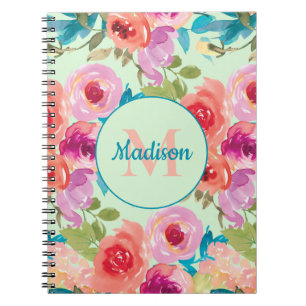 Pink Purple Floral Teal Leaves Mint Monogram Notebook