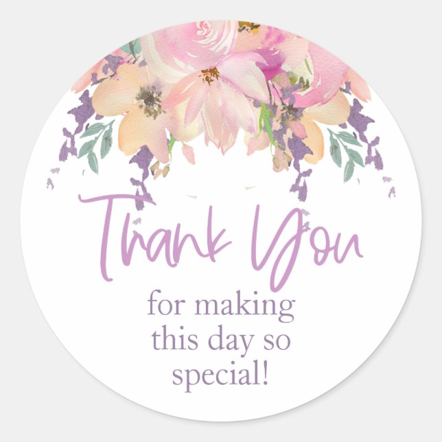 Pink Purple Floral Thank You Wedding Birthday Classic Round Sticker (Front)