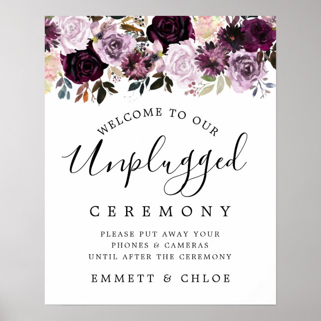 Pink Purple Floral Unplugged Wedding Ceremony Sign (Front)