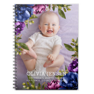 Pink Purple Floral Watercolor Baby birth stats Notebook