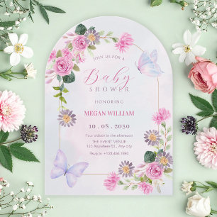 Pink purple floral watercolor baby shower invitation
