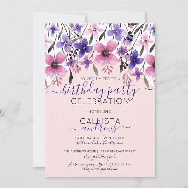 Pink Purple Floral Watercolor Birthday Party Invitation (Front)