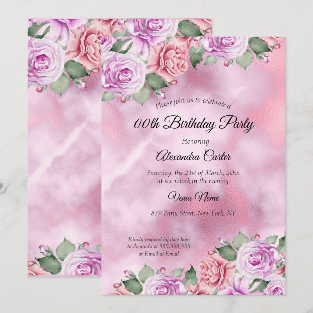 Pink Purple Floral Watercolor Birthday Party Invitation (Front/Back)