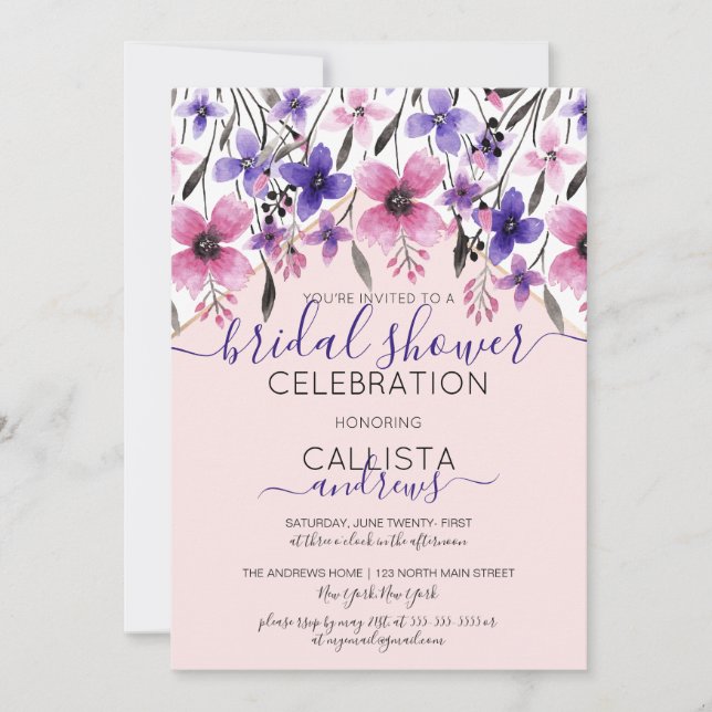 Pink Purple Floral Watercolor Bridal Shower Invitation (Front)