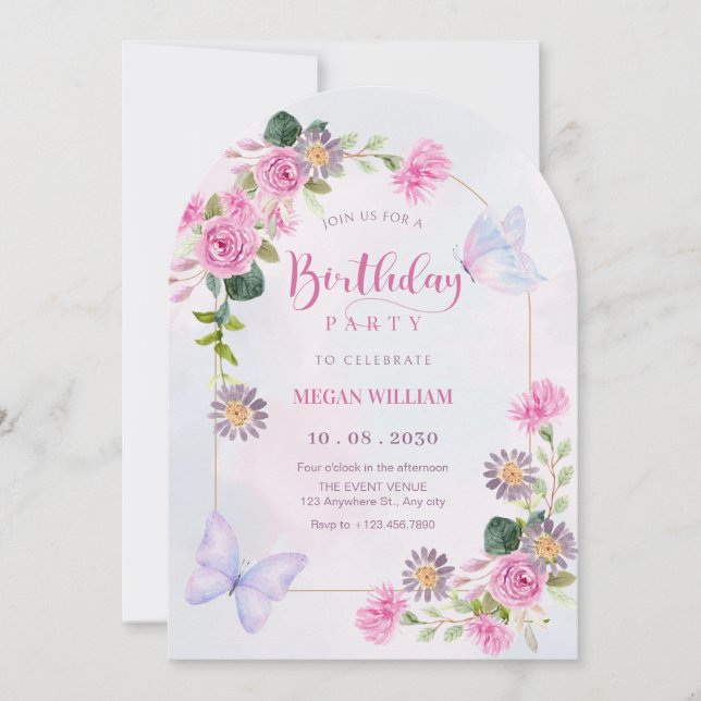 Pink purple floral watercolor butterfly birthday invitation (Front)