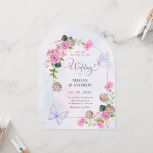 Pink purple floral watercolor butterfly wedding invitation