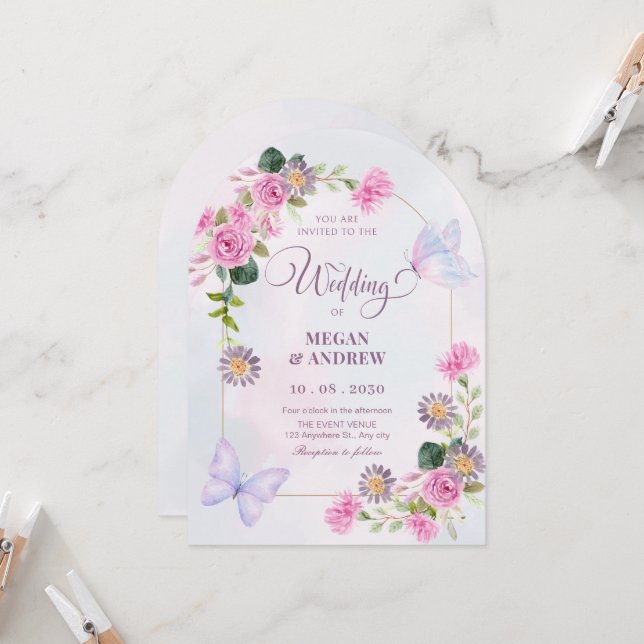 Pink purple floral watercolor butterfly wedding invitation (Front/Back In Situ)