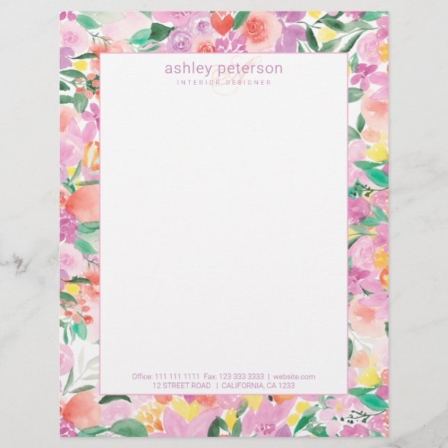 Pink purple floral watercolor elegant monogram custom letterhead (Front)