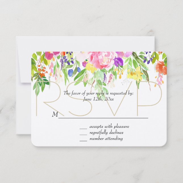Pink Purple Floral Watercolor Gold Sparkle RSVP (Front)