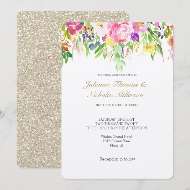 Pink Purple Floral Watercolor Gold Sparkle Wedding Invitation (Front/Back)