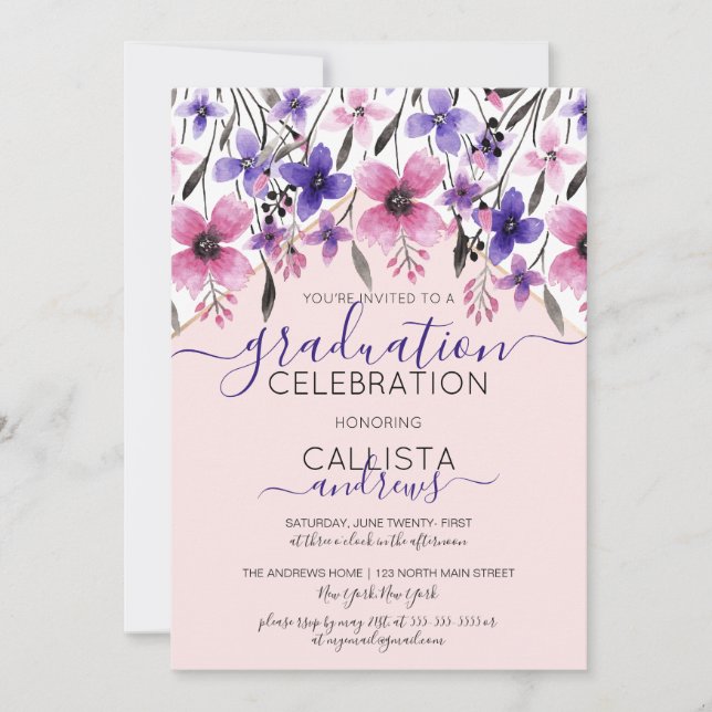Pink Purple Floral Watercolor Graduation Party Invitation (Front)
