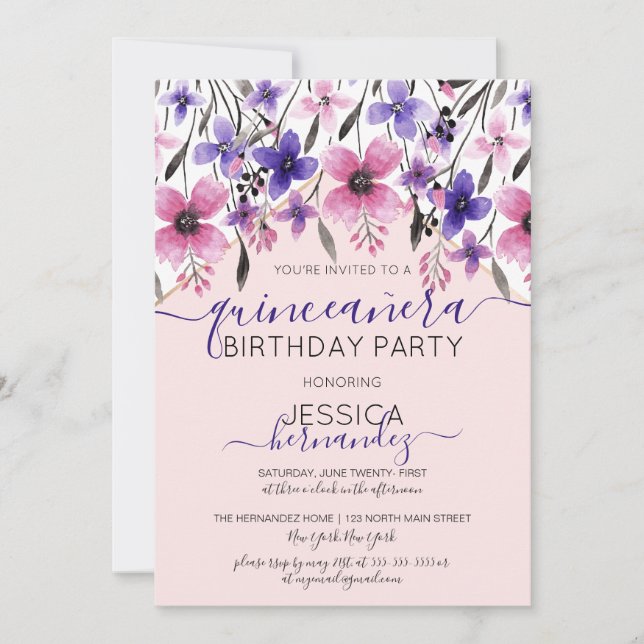 Pink Purple Floral Watercolor Quinceañera Invitation (Front)
