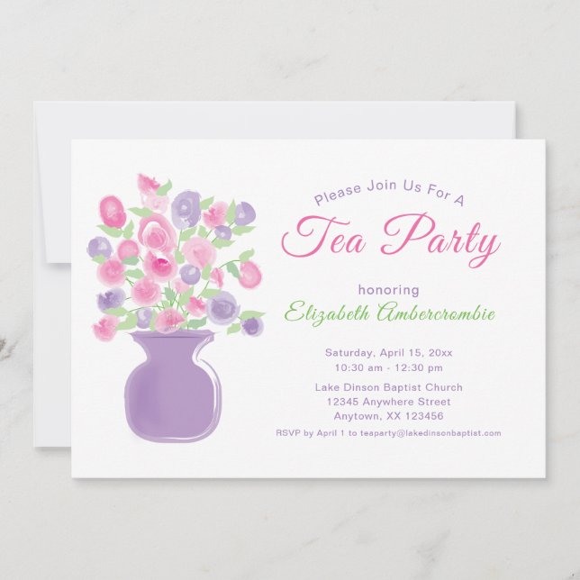 Pink & Purple Floral Watercolor Tea Party Invitation (Front)
