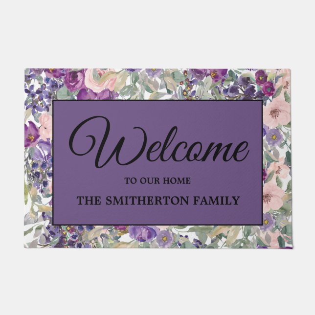 Pink Purple Floral Welcome Family Name Doormat (Front)