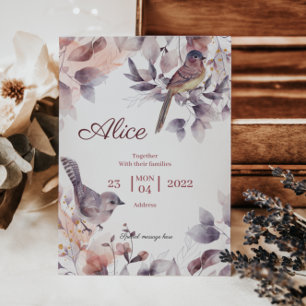 Pink Purple floral with Birds baby shower Invitation