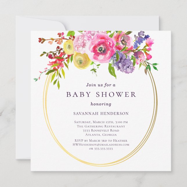 Pink Purple Floral With Gold Accents Baby Shower I Invitation (Front)