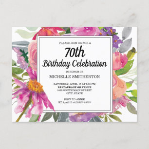 Pink Purple Floral Women's 70th Birthday Invitation Postcard