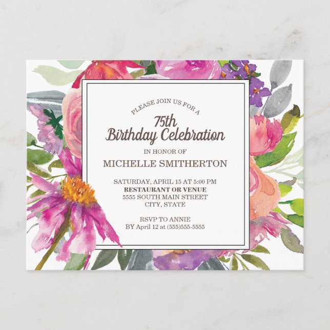 Pink Purple Floral Women's 75th Birthday Invitation Postcard (Front)