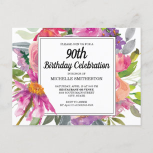Pink Purple Floral Women's 90th Birthday Invitation Postcard