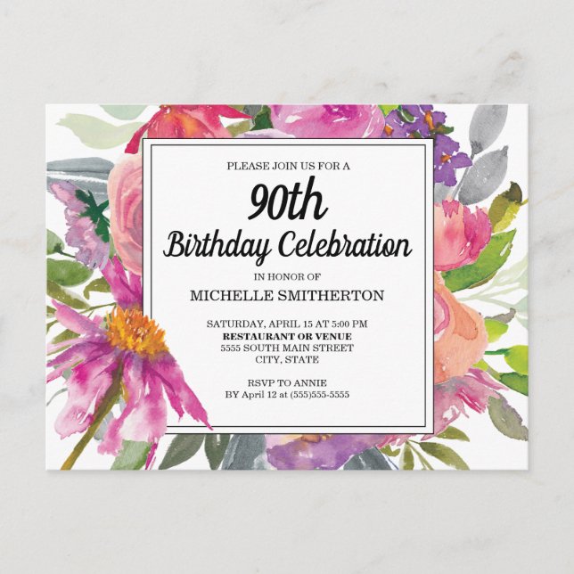 Pink Purple Floral Women's 90th Birthday Invitation Postcard (Front)