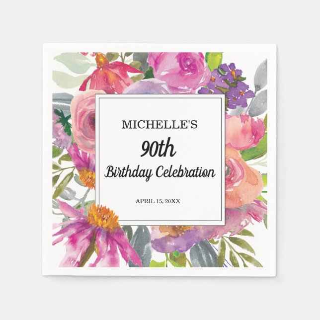 Pink Purple Floral Women's 90th Birthday Napkin (Front)
