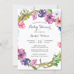 Pink Purple Floral Wreath Baby Shower Invitation