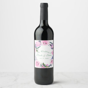 Pink Purple Floral Wreath Watercolor Custom Wine Label