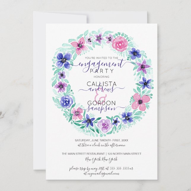 Pink Purple Floral Wreath Watercolor Engagement Invitation (Front)