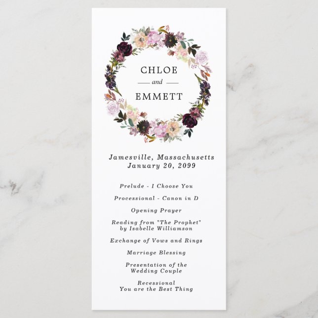 Pink Purple Floral Wreath Wedding Ceremony Programme (Front)