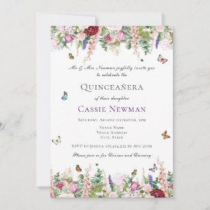 Pink Purple Florals & Butterflies Quinceañera Invitation