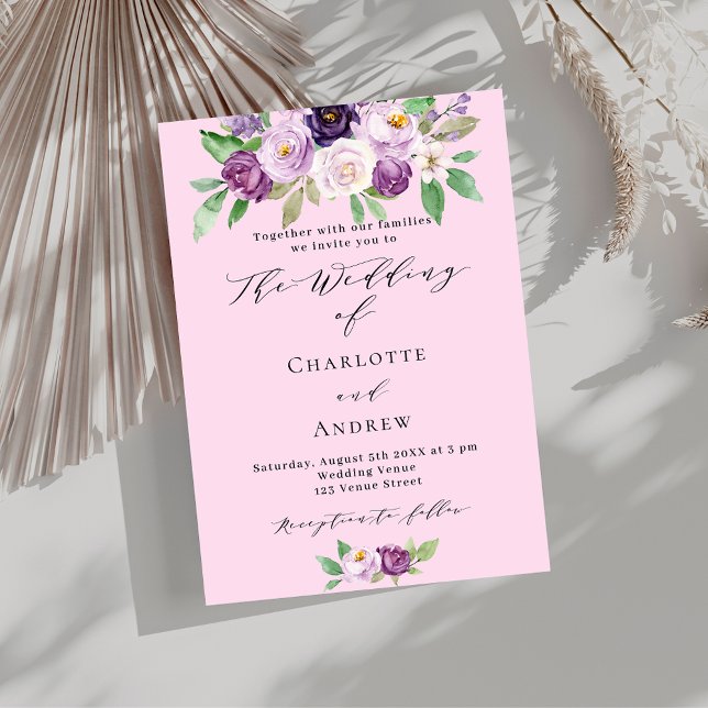 Pink purple florals greenery script luxury wedding invitation (Creator Uploaded)