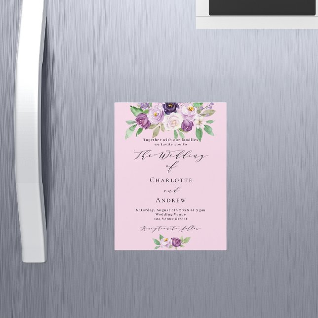 Pink purple florals greenery script luxury wedding magnetic invitation (Creator Uploaded)