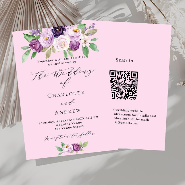 Pink purple florals QR details RSVP luxury wedding Invitation (Creator Uploaded)