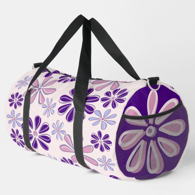 Pink Purple Flower Doodle Pattern Duffle Bag (Right Corner)