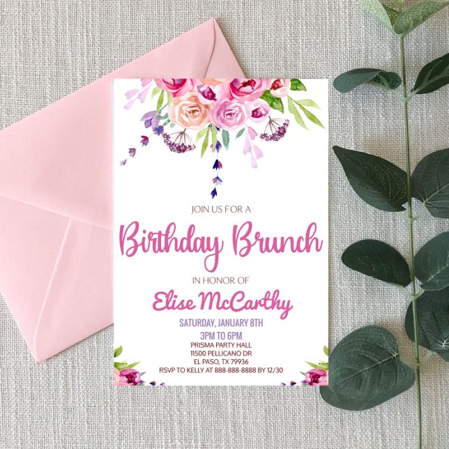 Pink Purple Flower Floral Birthday Brunch Party Invitation (Creator Uploaded)