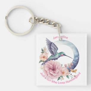 Pink Purple Flower Hummingbird Personalised Name Key Ring