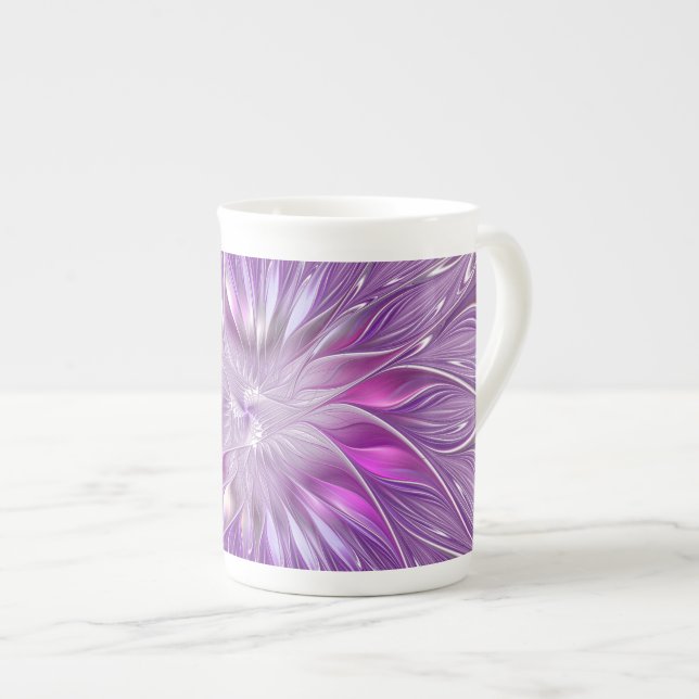 Pink Purple Flower Passion Abstract Fractal Art Bone China Mug (Front Right)
