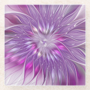 Pink Purple Flower Passion Abstract Fractal Art Glass Coaster