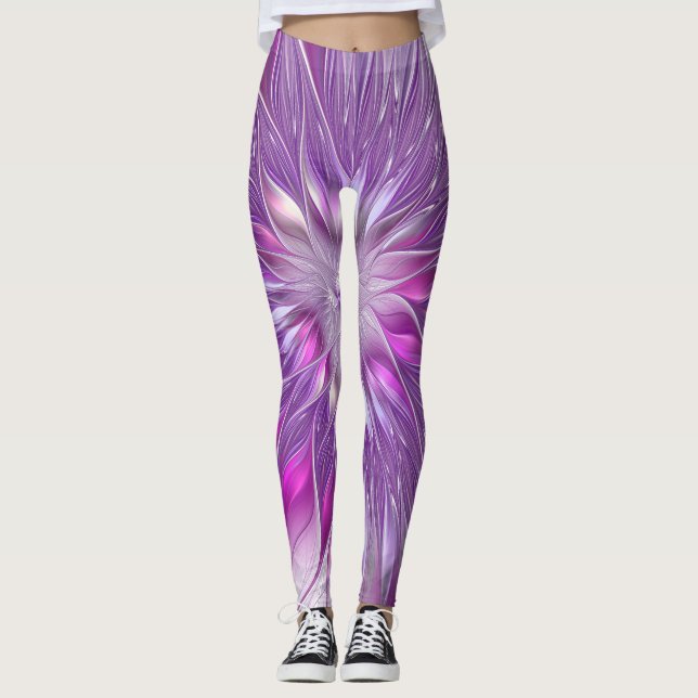 Pink Purple Flower Passion Abstract Fractal Art Leggings (Front)