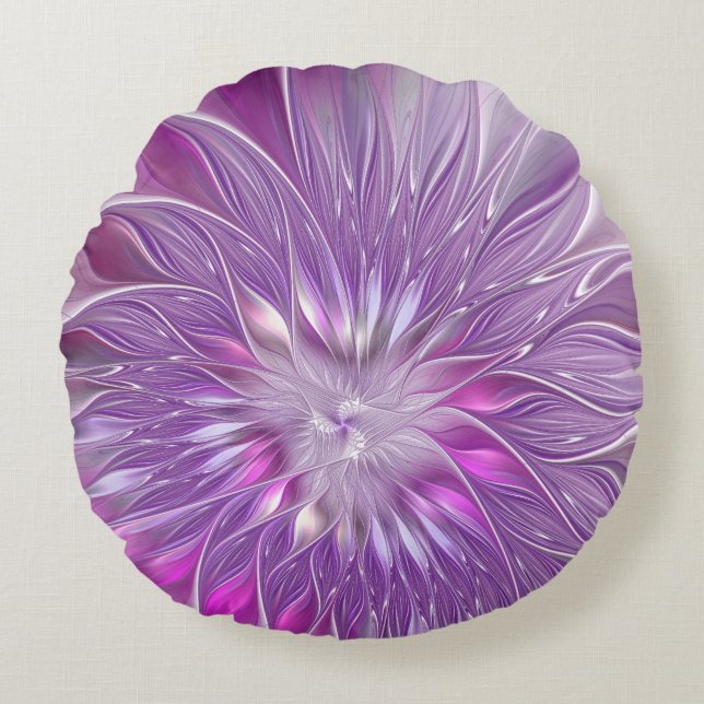 Pink Purple Flower Passion Abstract Fractal Art Round Cushion (Front)