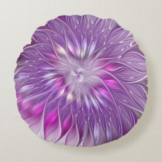 Pink Purple Flower Passion Abstract Fractal Art Round Cushion
