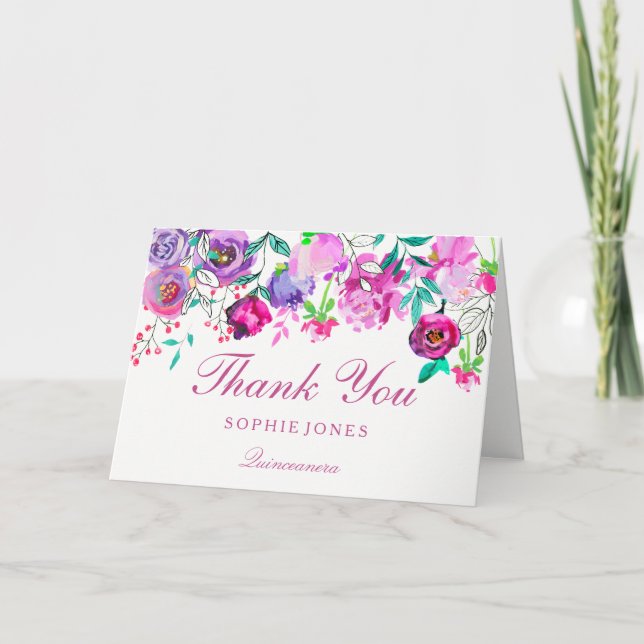 Pink Purple Flower Quinceanera Thank You Card (Front)