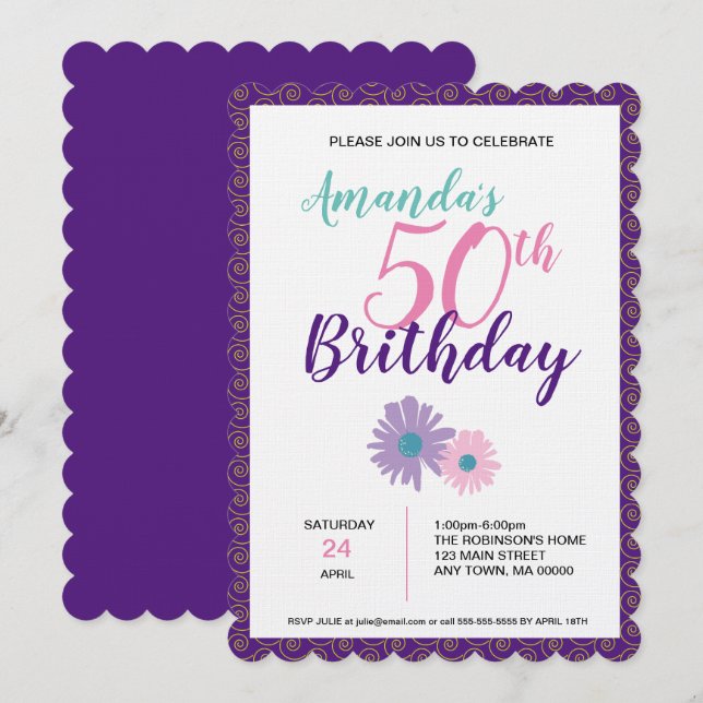 Pink & Purple Flower & Spirals Birthday Invitation (Front/Back)
